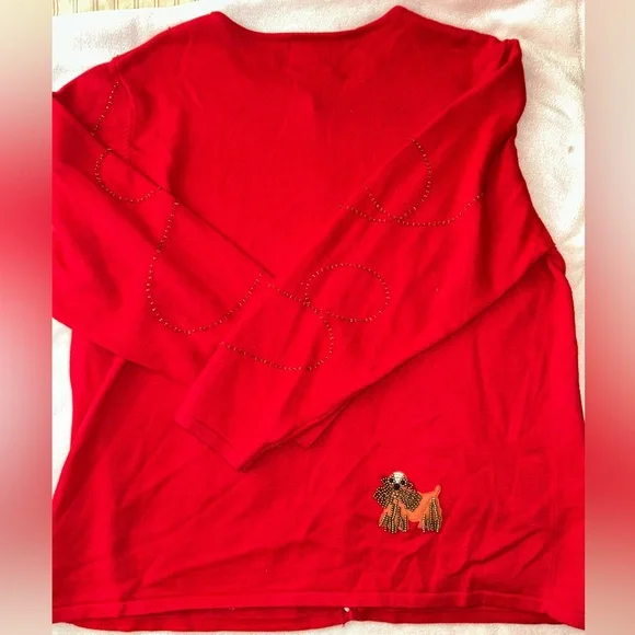 Vintage Quacker Factory Red Cardigan with Puppy Dog Embroidery XL Bone Buttons - Picture 6 of 8